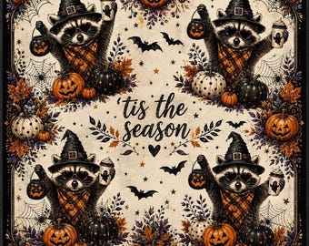 Tis The Season Raccoon Mat, Halloween Game Board, Spooky Fall Decor, Cute Pumpkin Witch Raccoon Table Runner, Autumn Holiday Party Mat