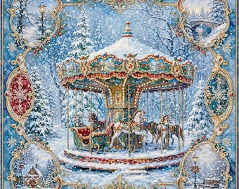 Enchanting Snowy Carousel Game Mat, Ornate Winter Christmas Mahjong Table Decor, Deluxe Holiday Gaming & Festive Gift