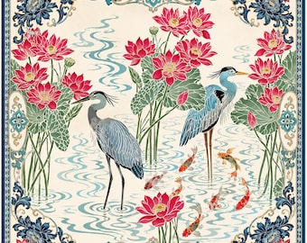 Exquisite Asian Crane & Koi Fish Mahjong Mat, Botanical Lotus Game Play Surface, Elegant Nature Inspired Table Mat