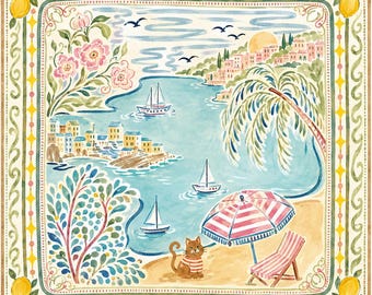 Vibrant Mahjong Mat Coastal Art, Lemon Tree And Ocean Scene Game Mat, Fun Mahjong Gift For Cat Lovers, Decorative Table Accessory
