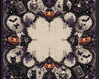 Spooky Gaming Mat Gothic Halloween Decor, Black Cat Pumpkin Skull Bat Design, Unique Witchy Mahjong Tabletop, Dark Academia Game Room Gift