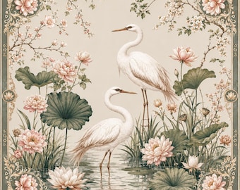 Luxury Mahjong Table Mat With Cranes And Lotus, Vintage Asian Art Game Board, Aesthetic Blossom Scenery Play Mat Gift