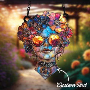 Hippie Soul Suncatcher, hangend nep-gebrandschilderd glas, vredesteken, bloemen afro