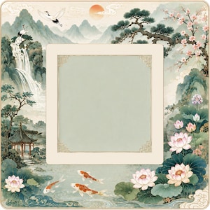 May include: A square picture frame featuring a central light green panel with decorative corner accents. The border displays a landscape with a waterfall, flying cranes, a pagoda, pine trees, cherry blossoms, and koi fish in a lotus pond.