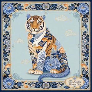 Chinoiserie Tiger Mahjong-matta, blåguld spelbordsdekor, lyxig Mahjong-nattkonst