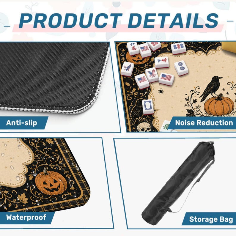 May include: A rectangular mahjong mat featuring a Halloween theme with pumpkins, crows, and skulls. The mat has an anti-slip black rubber backing, a waterproof surface, and noise-reducing properties. It includes a black carrying storage bag.