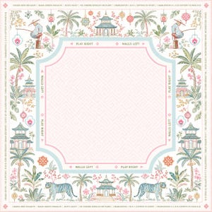 May include: A square Mahjong mat featuring a central pale pink geometric pattern bordered by light blue and pink lines. The border displays illustrations of pagodas, palm trees, tigers, and figures fishing, with text including PLAY RIGHT and WALLS LEFT.