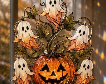 Spooky Ghost Pumpkin Window Suncatcher Acrylic Faux Stained Glass Art Halloween Decor Unique Home Accent Autumn Fall Gift