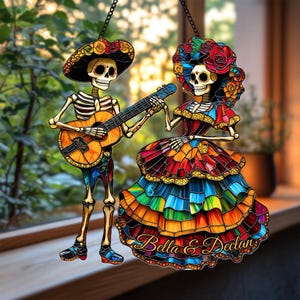 Dia De Los Muertos 2D Flat Suncatcher – La Catrina Couple, Faux Stained Glass