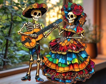 Dia De Los Muertos 2D Flat Suncatcher – La Catrina Couple, Faux Stained Glass