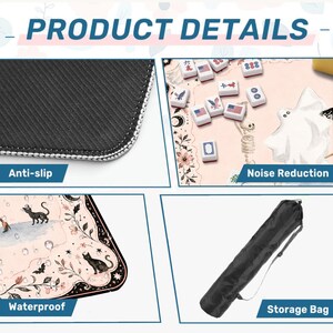 May include: A product details graphic for a mahjong mat featuring a black anti-slip rubber backing, a pale pink surface with ghost and cat illustrations for noise reduction, a waterproof material, and a black cylindrical storage bag with a strap.
