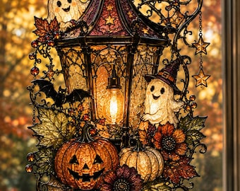 Enchanting Halloween Fall Window Art, Acrylic Stained Glass Lantern With Happy Ghosts & Pumpkins, Autumn Harvest Home Decoration