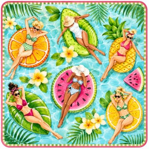 Op de afbeelding: Een levendige illustratie van vijf personen in zwemkleding die ontspannen op fruitvormige zwembanden in blauw water. De scène toont een sinaasappelschijf, een groene avocado, een gele ananas, een watermeloen en een groen blad als drijver.