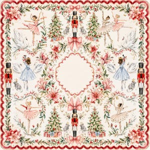 May include: A square fabric panel featuring a Nutcracker-themed print on a cream background. The design includes ballerinas, nutcracker soldiers, Christmas trees, swans, mice, and poinsettias arranged in a decorative border with a scalloped edge.
