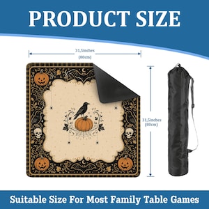 May include: A square game mat featuring a beige center with a black crow on a pumpkin, surrounded by a black border with pumpkins, skulls, and bats. It measures 31.5 inches by 31.5 inches and includes a black cylindrical carrying bag with a strap.