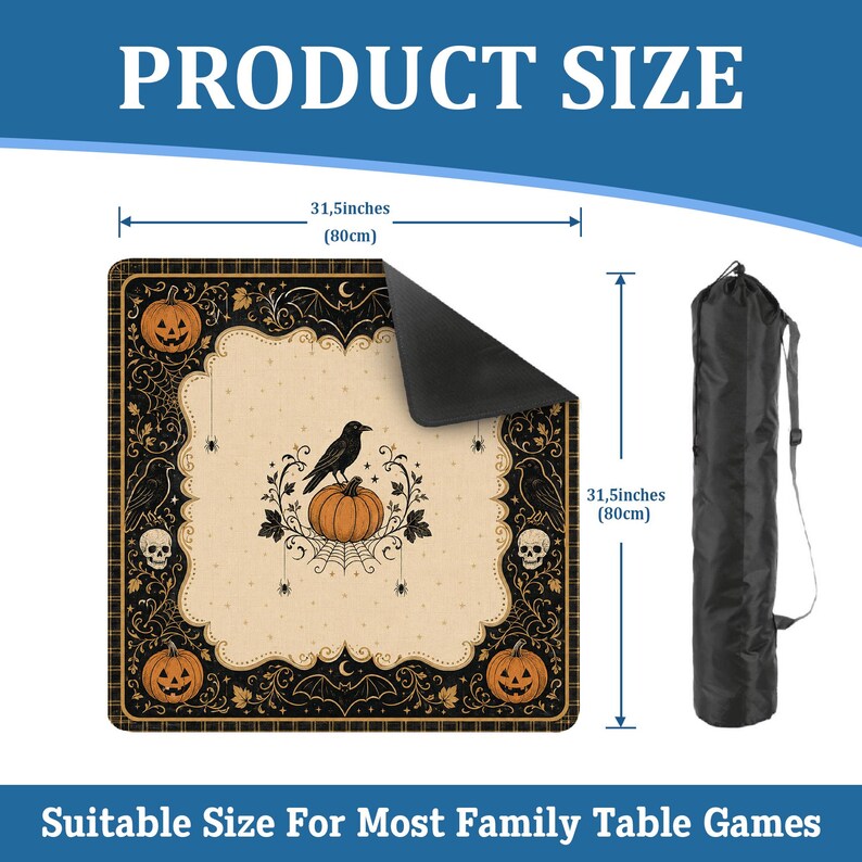 May include: A square game mat featuring a beige center with a black crow on a pumpkin, surrounded by a black border with pumpkins, skulls, and bats. It measures 31.5 inches by 31.5 inches and includes a black cylindrical carrying bag with a strap.
