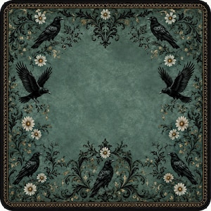 May include: A square mat featuring a muted sage green centre surrounded by a decorative border of black crows, intricate black scrollwork, and white daisy flowers. The entire design is framed by a thin black and gold patterned edge.