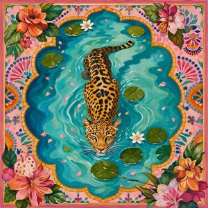 May include: A square decorative print featuring a leopard swimming in a central turquoise pool surrounded by green lily pads and white water lilies. The scene is framed by a pink border with colourful floral patterns in each corner.