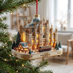 Peut inclure: Une décoration de Noël suspendue représentant une cathédrale détaillée avec des flèches complexes, des fenêtres illuminées et une base enneigée. La scène inclut des sapins, un tramway miniature et des figurines, suspendue par un ruban rouge.