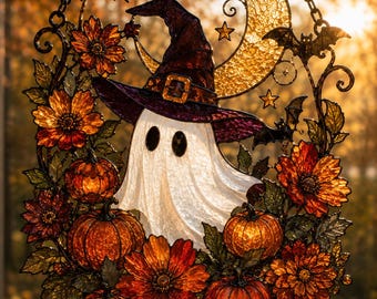 Enchanting Ghost Suncatcher, Acrylic Window Hanging, Autumn Fall Decor, Halloween Witch Hat & Pumpkins Stained Glass Look