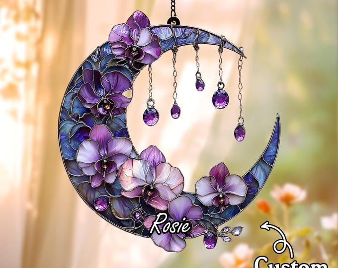 Crescent Moon Orchid Acrylic Suncatcher, Nature-Inspired Window Hanging
