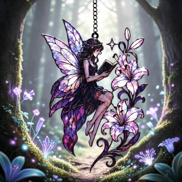 Gothic Fairy Reading Book Suncatcher, Stained Glass Style Window Hanging, Resin Art, Fairycore Decor