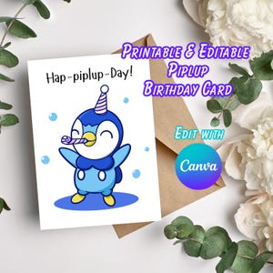 Plantilla de tarjeta de cumpleaños de Piplup Pokemon para imprimir y editar en Canva, tarjeta de felicitación de 5 x 7, papel de carta de EE. UU. para él o para ella, descarga instantánea