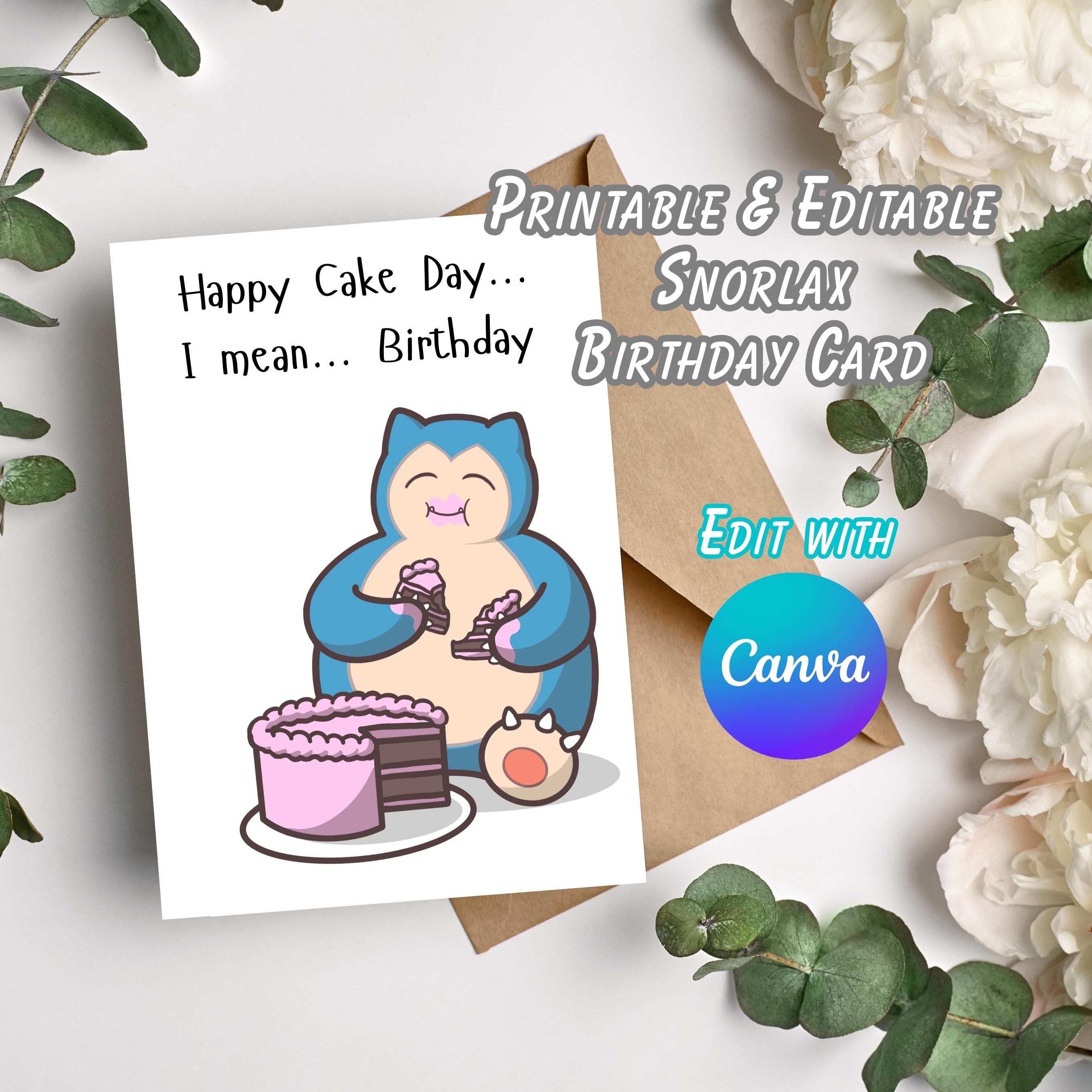 Snorlax Pokemon Birthday Card Template Printable Editable on Canva 5 x 7 Greeting Card US Letter Paper For Him or For Her Instant Download