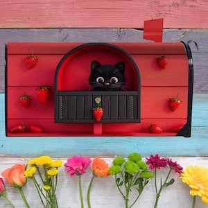 May include: A red mailbox with a cartoon black cat inside, decorated with strawberries. A row of colourful flowers, including roses and daisies, is at the bottom of the image.