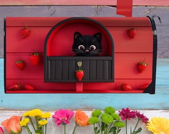 Strawberry Red Cat Decorative Magnetic Mailbox Cover - Black Cat Summer Mail Box Wrap
