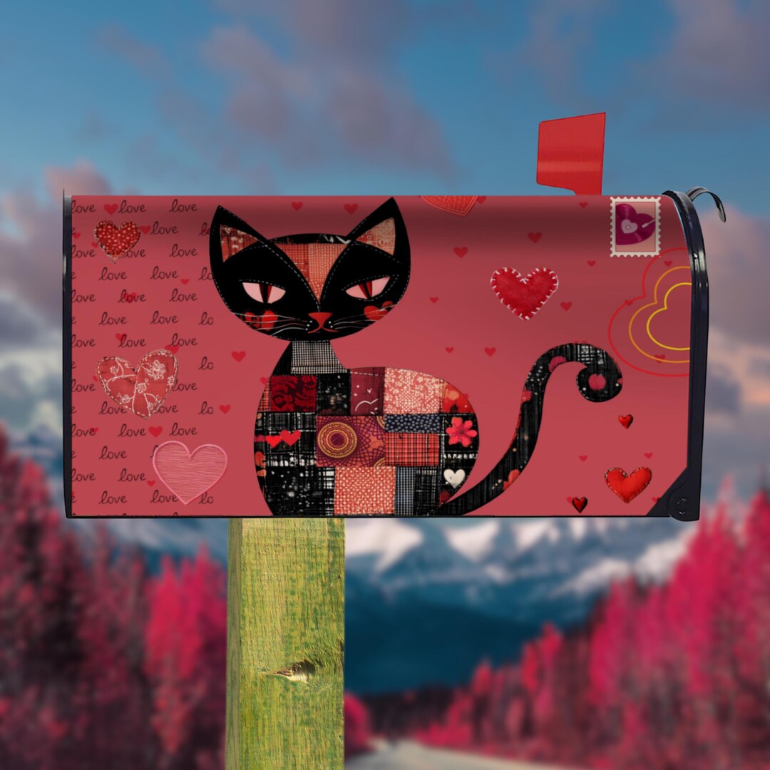 Valentine's Day Black Cat Patchwork Mailbox Cover, Magnetic Outdoor Art ...