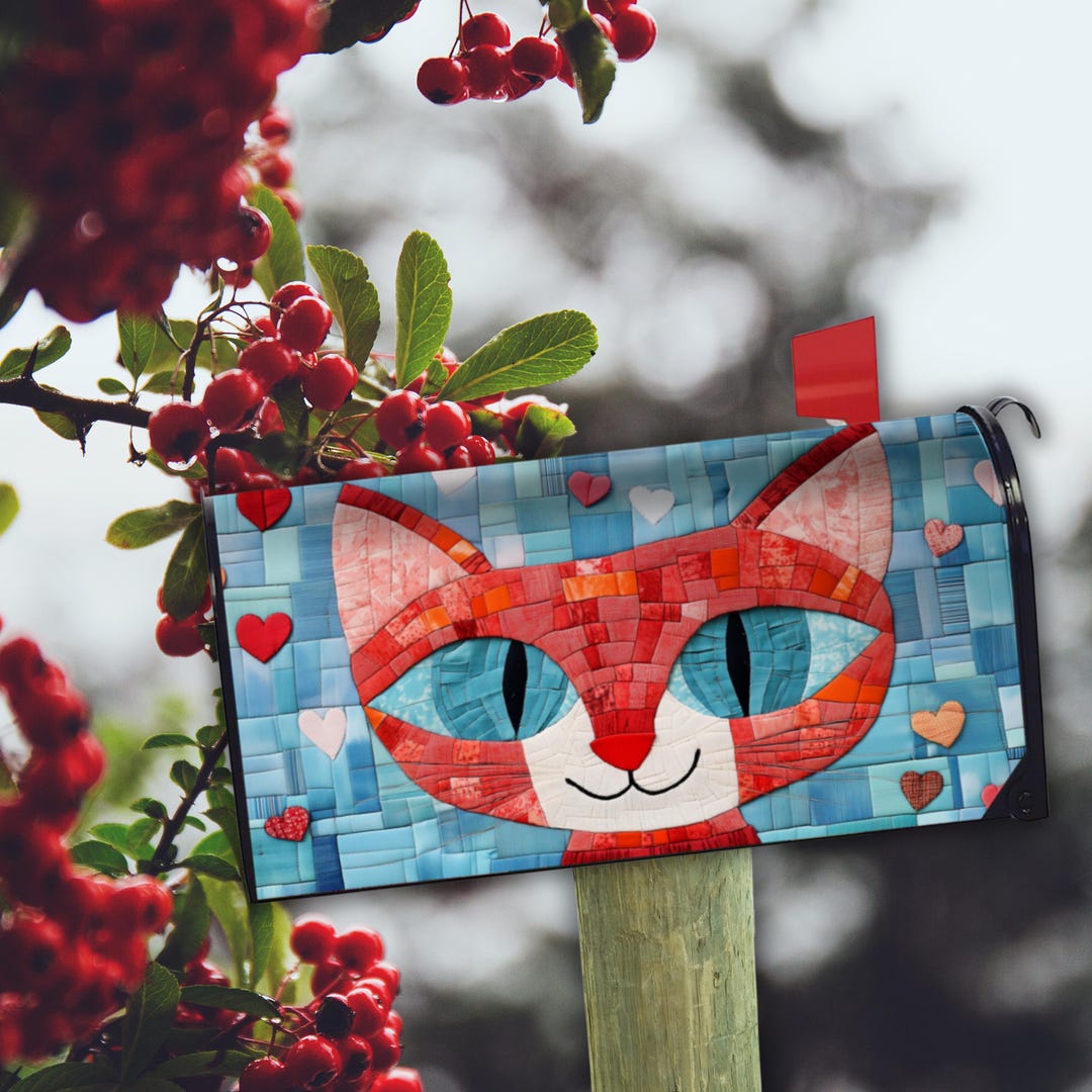 Cartoon Cat Magnetic Mailbox Cover With Patchwork Quilt Design - Etsy