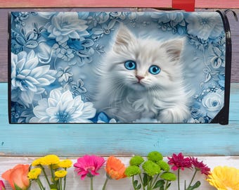 Blue Floral Cat Decorative Magnetic Mailbox Cover - White Kitten Mail Box Wrap