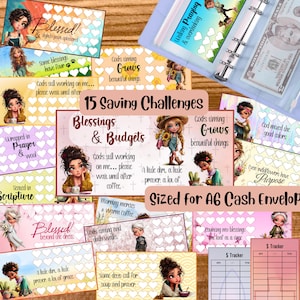 May include: A collection of 15 A6 cash envelope saving challenge trackers featuring cartoon characters, heart-shaped icons for marking progress, and inspirational text such as Blessings & Budgets, God's timing grows beautiful things, and $ Tracker.