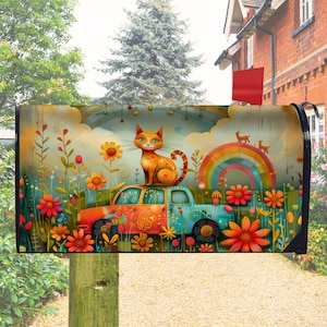 May include: A decorative mailbox cover featuring a whimsical design. An orange cat sits atop a colorful car, surrounded by flowers, a rainbow, and deer. The artwork has a vibrant, cartoonish style with a dreamy, pastoral theme.