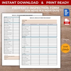 May include: Two white property inspection forms with blue and light brown accents. The forms are labeled "MOVE-IN & MOVE-OUT INSPECTION CHECKLIST" and include sections for tenant information and inspection details. Text at the top reads "INSTANT DOWNLOAD & PRINT READY".
