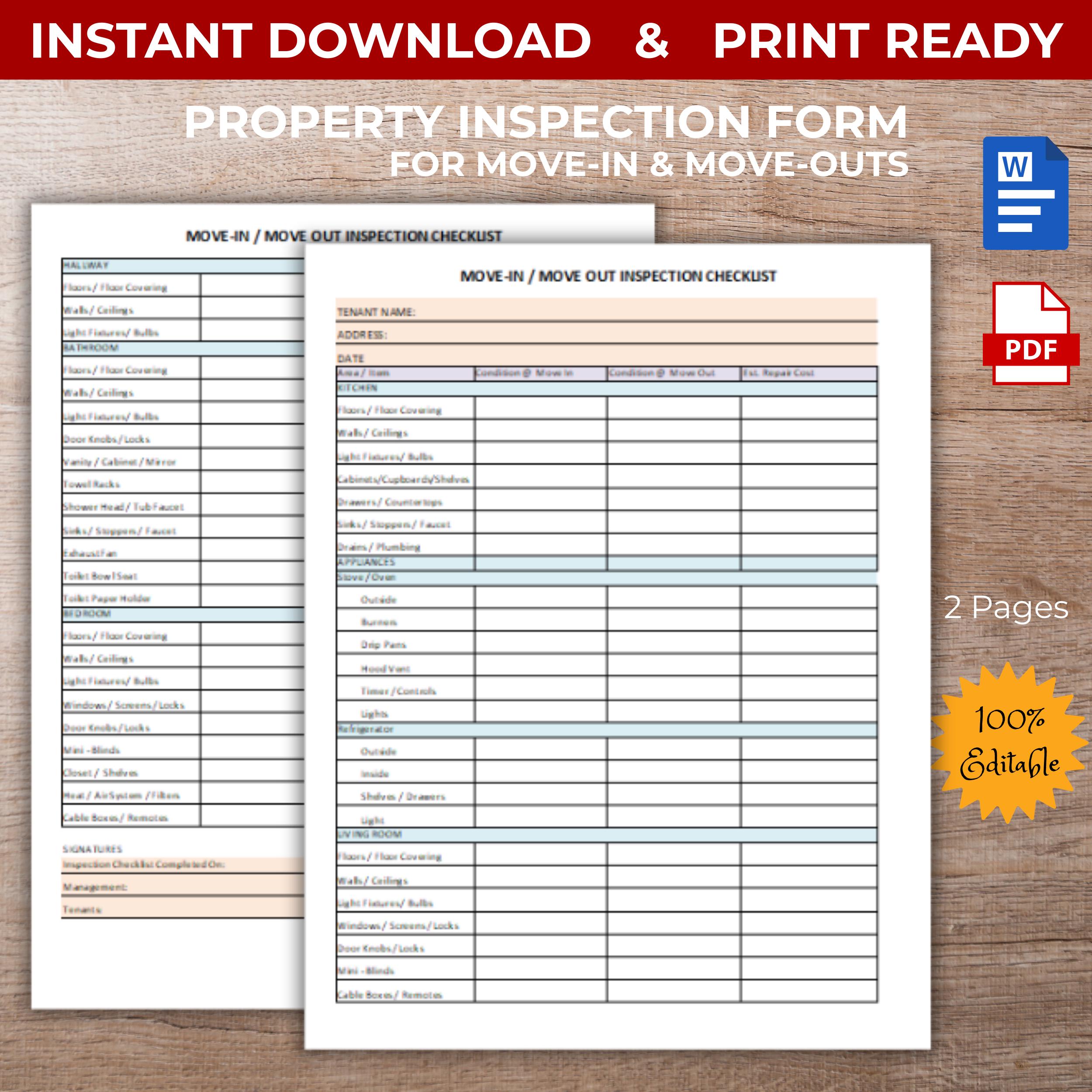 Rental Property Inspection Form: Move-in/out Checklist (excel, PDF) - Etsy