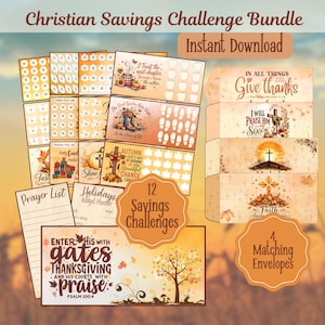 May include: A Christian savings challenge bundle featuring 12 savings challenge sheets and 4 matching envelopes with autumn-themed graphics, religious text, and icons. The sheets include prayer lists, budget planners, and various trackers with fall leaves, pumpkins, and crosses in orange and brown tones.
