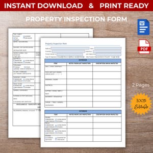 May include: A property inspection form, ready for instant download and print. The form is white with black text, featuring sections for exterior and interior details. Includes a PDF and Word document, and is 100% editable.