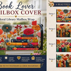 May include: A rectangular mailbox cover featuring a floral library theme with stacks of colourful books and vibrant flowers. The text reads Book Lover MAILBOX COVER and Floral Library Mailbox Wrap. Four distinct designs are shown on the right side.