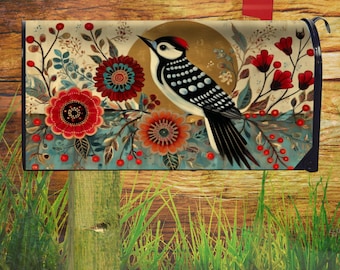 Woodpecker Magnetic Mailbox Cover, Colorful Bird Folk Art with Flowers, Whimsical Woodpecker Decor