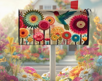 Hummingbird Mailbox Cover, Colorful Floral Magnetic Mailbox Wrap Folk Art Garden Mail Box Decor