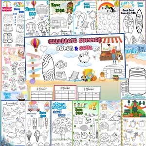 May include: A collection of printable coloring pages featuring summer themes, savings trackers, and financial goal charts. The sheets include illustrations of surfboards, beach gear, food, animals, and various icons with text labels like Celebrate Summer, Color & Save, and $ Tracker.