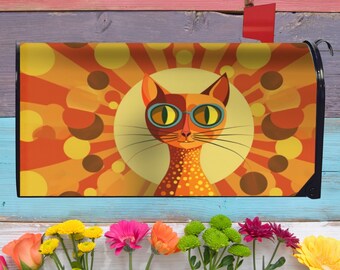 Retro Orange Cat Decorative Mailbox Cover - Mid Century Modern Magnetic Mail Box Wrap