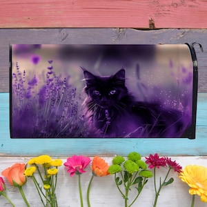 Purple Lavender Field Black Cat Decorative Magnetic Mailbox Cover - Floral Outdoor Mail Box Wrap