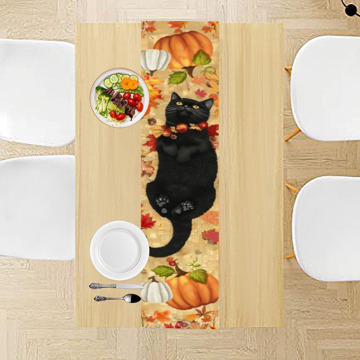 Thanksgiving Black Cat Table Runner, Fall Leaves Pumpkin Design, Linen ...