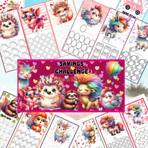 May include: A collection of colorful savings challenge trackers featuring adorable animal illustrations. The designs include a pig, fox, hedgehog, llama, and more. Each tracker has spaces for tracking savings goals, with the text "SAVINGS CHALLENGE Smiles & Hearts".