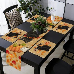 Juego de camino de mesa y manteles individuales con diseño de gato otoñal, decoración de mesa de comedor de otoño de 7 piezas, mantelería de Acción de Gracias con diseño de gato negro y calabaza