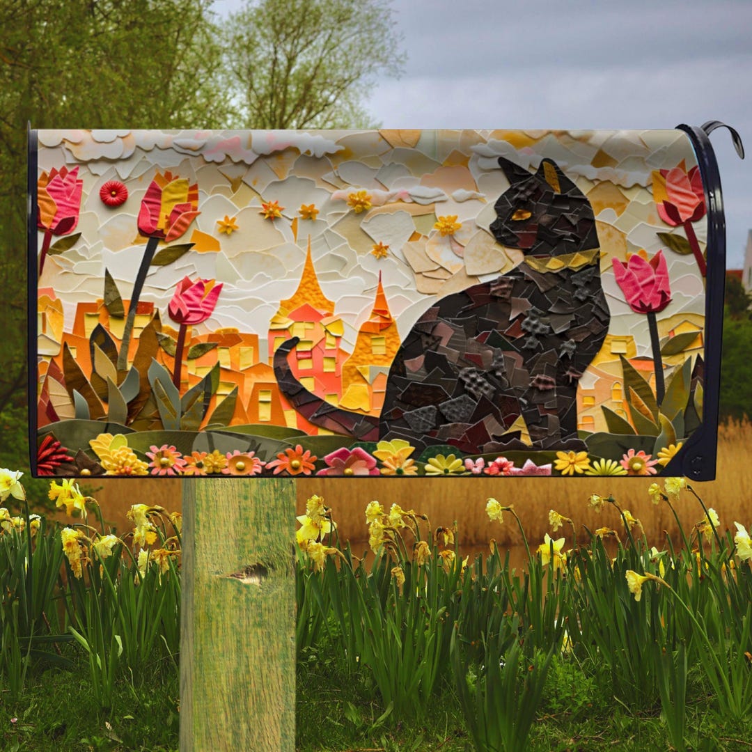 Black Cat Mailbox Cover – Floral Village Mailbox Wrap – Whimsical Cat ...