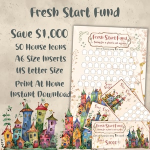 Könnte beinhalten: Ein ausdruckbarer Fresh Start Fund Sparplan mit 50 Haus-Symbolen zum Ausmalen für jeweils 20 $ Ersparnis. Das Design enthält bunte Haus-Illustrationen, den Text Save $1,000 sowie Optionen für A6-Einlagen oder das US-Letter-Format.